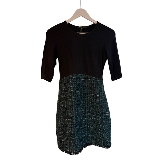 Maje Dresses & Skirts - Maje Rizelda Black Green Tweed Mixed Media Dress 3/4 Sleeve Size 34 XS